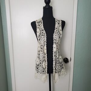 Nabee Women's Cream Crochet Open Lace Boho Festival High Low Vest Size L